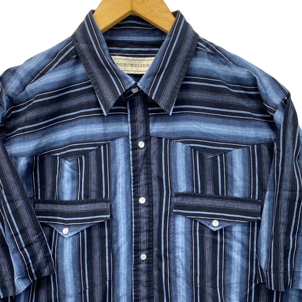 Bit & Bridle Western Shirt Mens XLT Blue Striped Pearl Snap Short Sleeve Tall